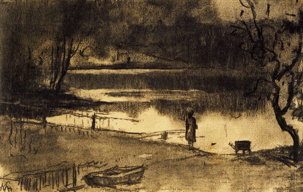 Child at Water's Edge by William Morris Hunt, ca. 1877, charcoal on buff wove paper, 9¾ x 15¾.